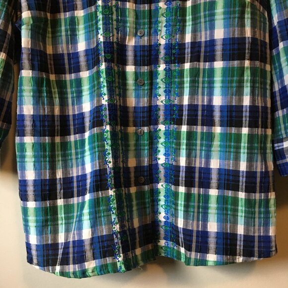 Vintage Alia Plaid Embroidered Green & Blue Cottagecore Button Down Shirt - Picture 4 of 16